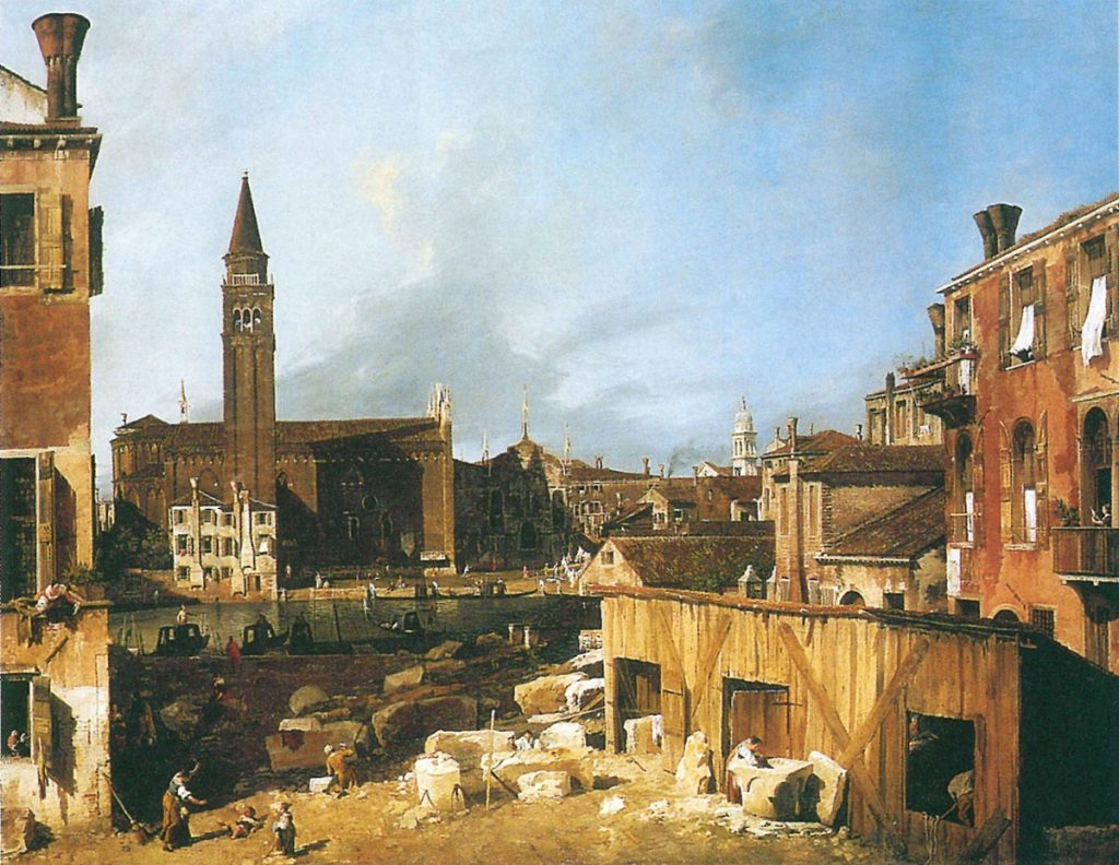 Giovanni Antonio Canal (Canaletto) 1697-1768. La Chiesa della Scuola della Carità e il laboratorio dei “tagiapiera”, olio su tela, 123,8x162,9 cm, Londra, National Gallery, 1725.